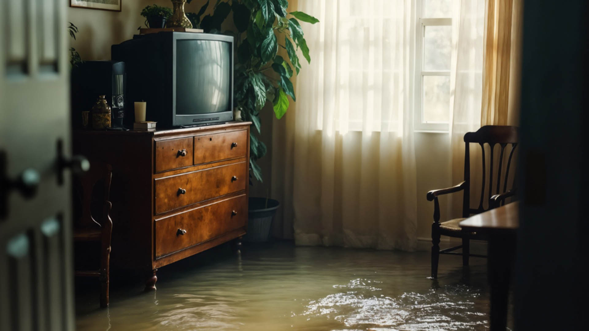 Living room chaos showing what to do when your house floods.